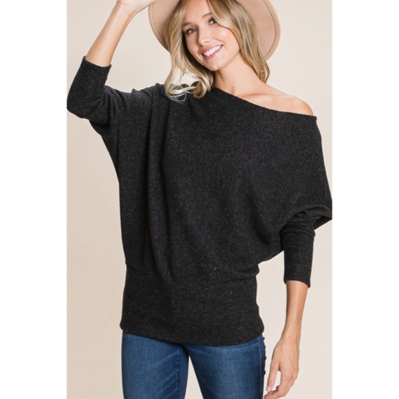 SOLD OUT Black Solid Ribbed Off Shoulder Dolman Sweater - Picture 4 of 5